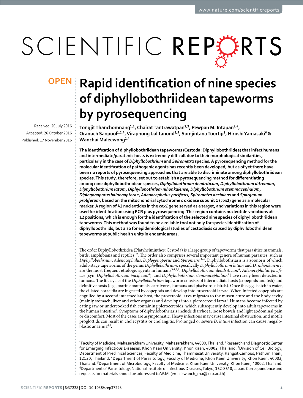 Rapid Identification of Nine Species of Diphyllobothriidean Tapeworms By