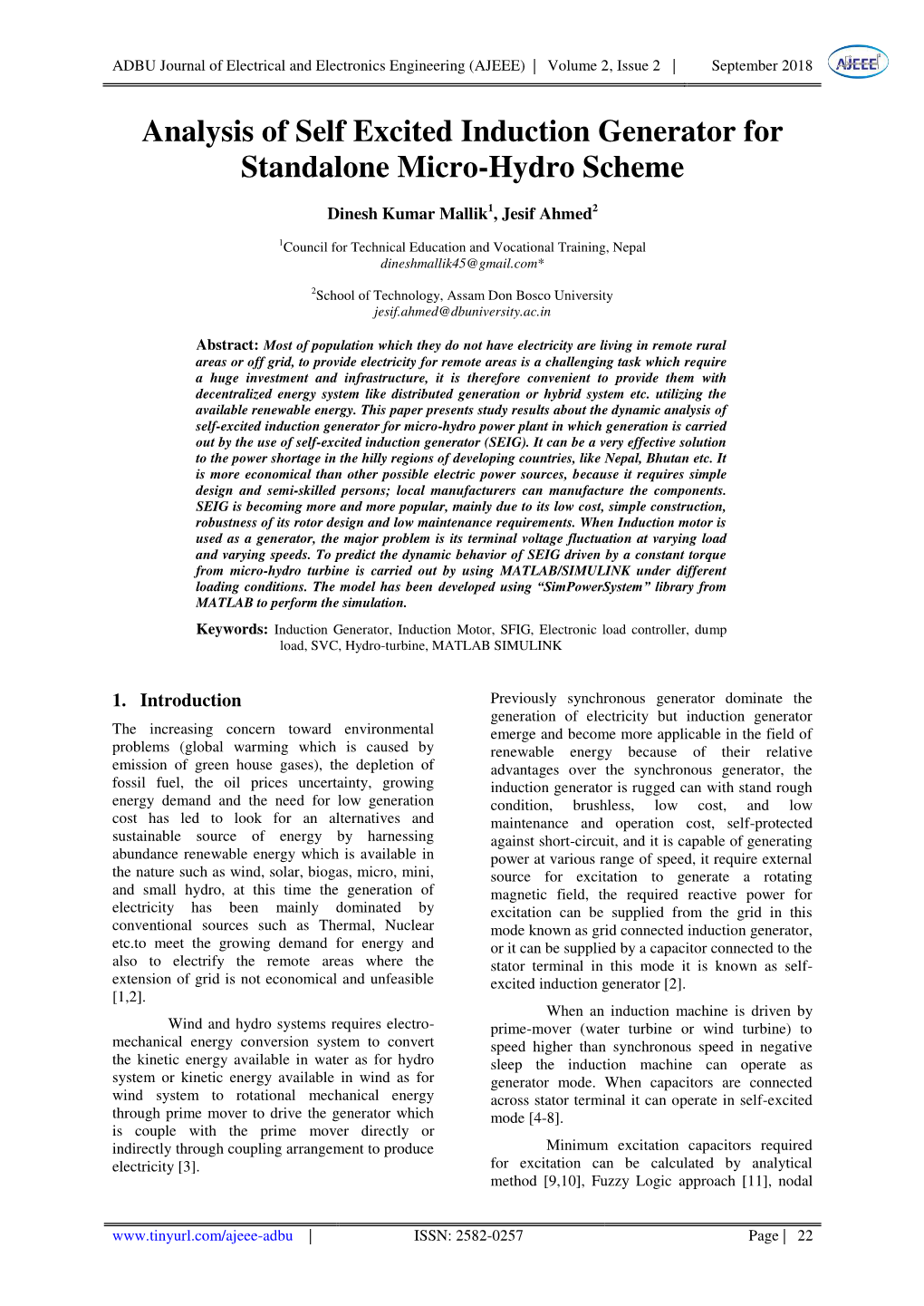 Analysis of Self Excited Induction Generator for Standalone Micro-Hydro Scheme