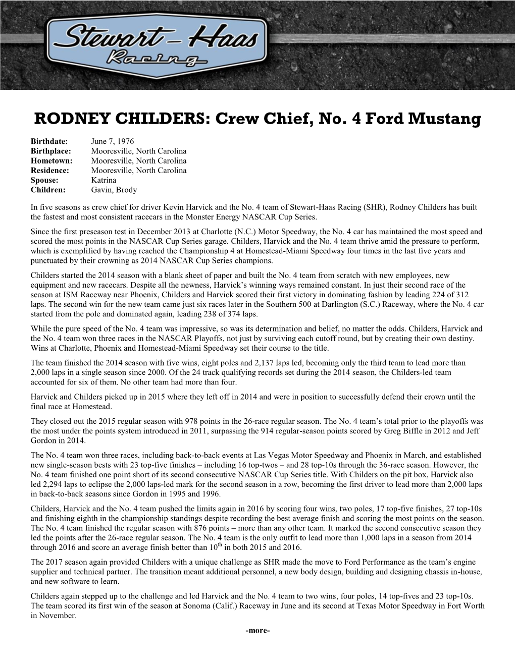 RODNEY CHILDERS: Crew Chief, No. 4 Ford Mustang