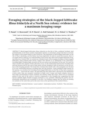 Foraging Strategies of the Black-Legged Kittiwake Rissa Tridactyla at a North Sea Colony: Evidence for a Maximum Foraging Range