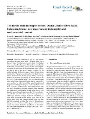 The Turtles from the Upper Eocene, Osona County (Ebro Basin, Catalonia, Spain): New Material and Its Faunistic and Environmental Context