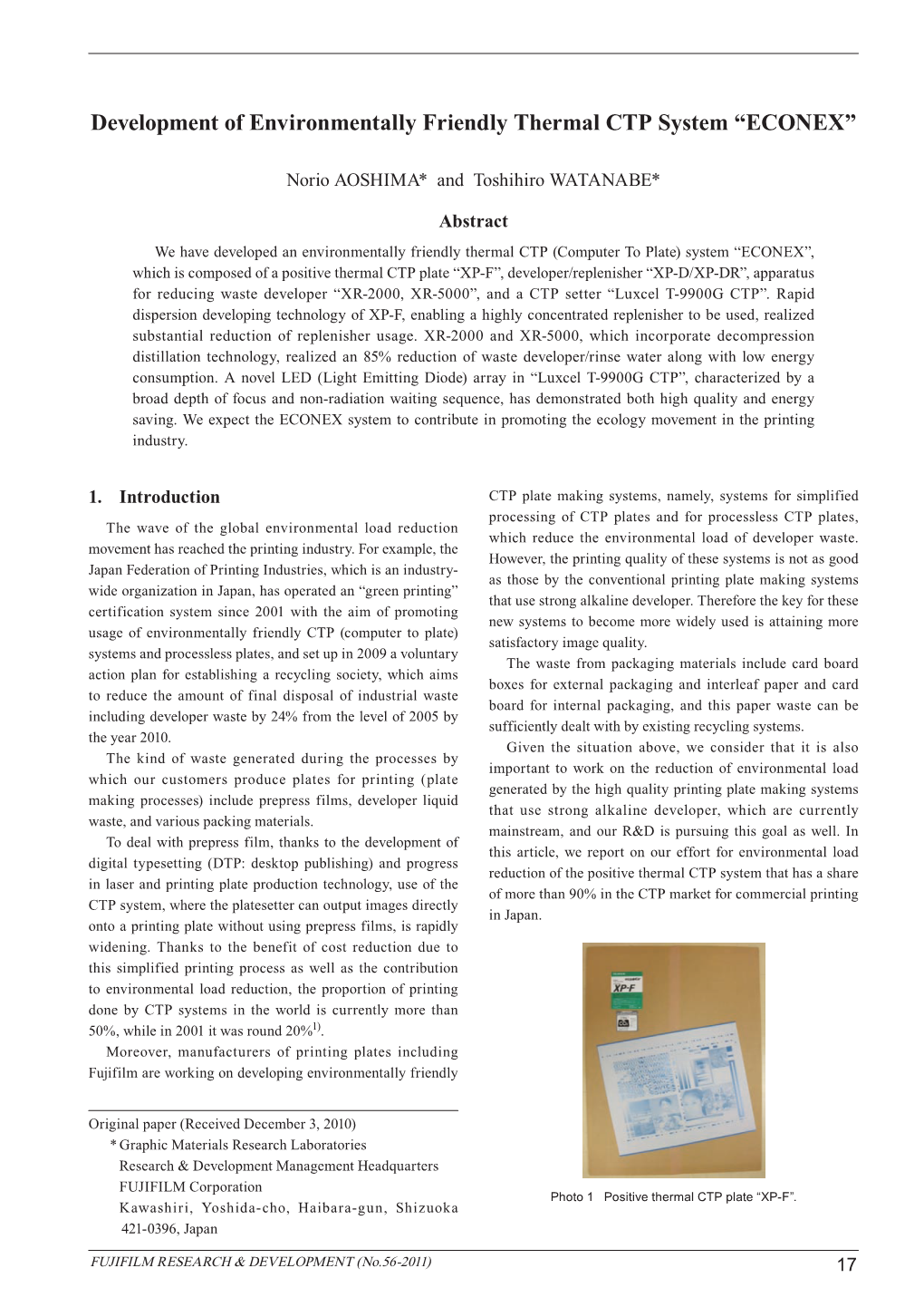 Development of Environmentally Friendly Thermal CTP System “ECONEX”