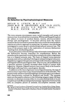 Amnesia: Its Detection by Psychophysiological Measures