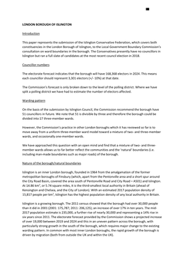 LONDON BOROUGH of ISLINGTON Introduction This Paper Represents the Submission of the Islington Conservative Federation, Which Co
