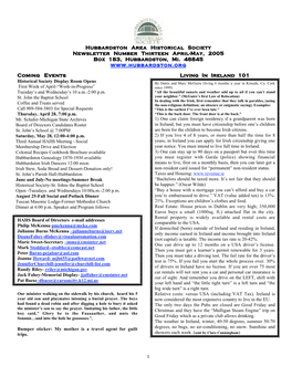 Hubbardston Area Historical Society Newsletter Number Thirteen April-May, 2005 Box 183, Hubbardston, Mi. 48845