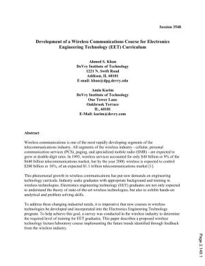 Development of a Wireless Communications Course for Electronics Engineering Technology (EET) Curriculum