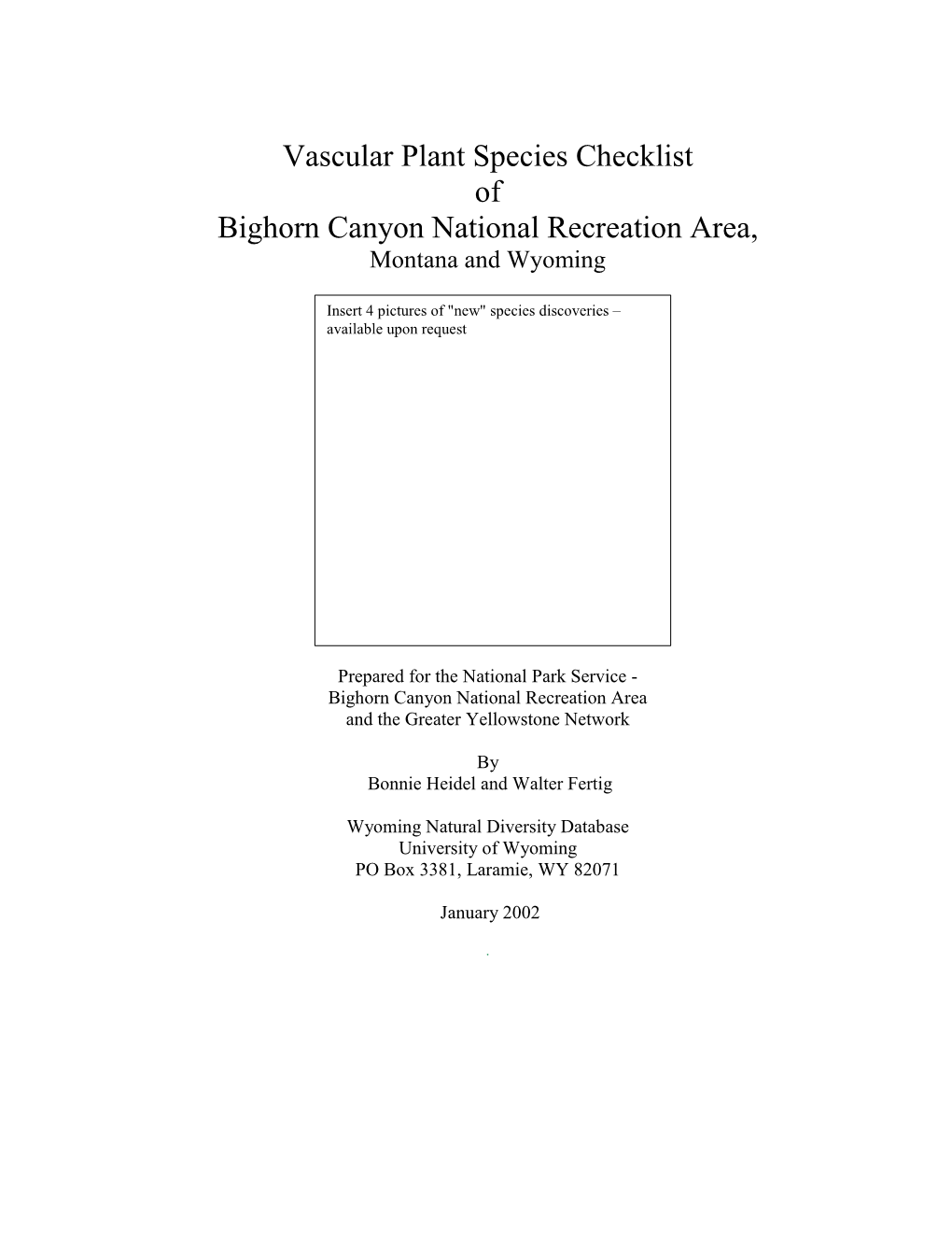 Vascular Plant Species Checklist of Bighorn Canyon National Recreation Area, Montana and Wyoming
