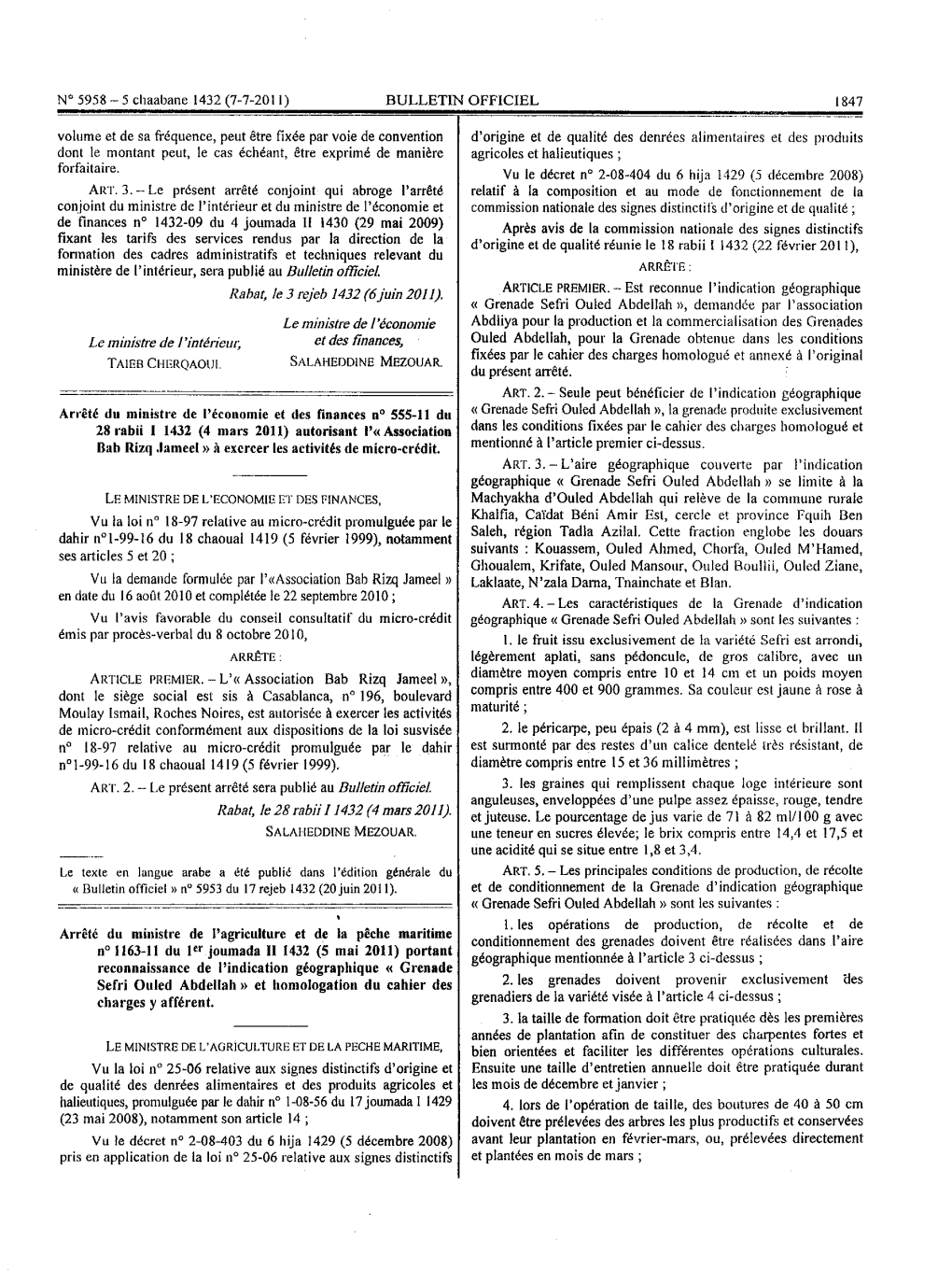 Arrêté Du Ministre De L'agriculture Et De La Pêche Maritime N° 1163-11 Du 1Er Joumada II 1432
