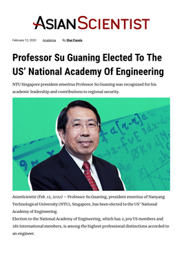 Professor Su Guaning Elected to the US' National Academy of Engineering
