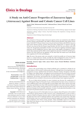 A Study on Anti-Cancer Properties of Saussurea Lappa (Asteraceae) Against Breast and Colonic Cancer Cell Lines