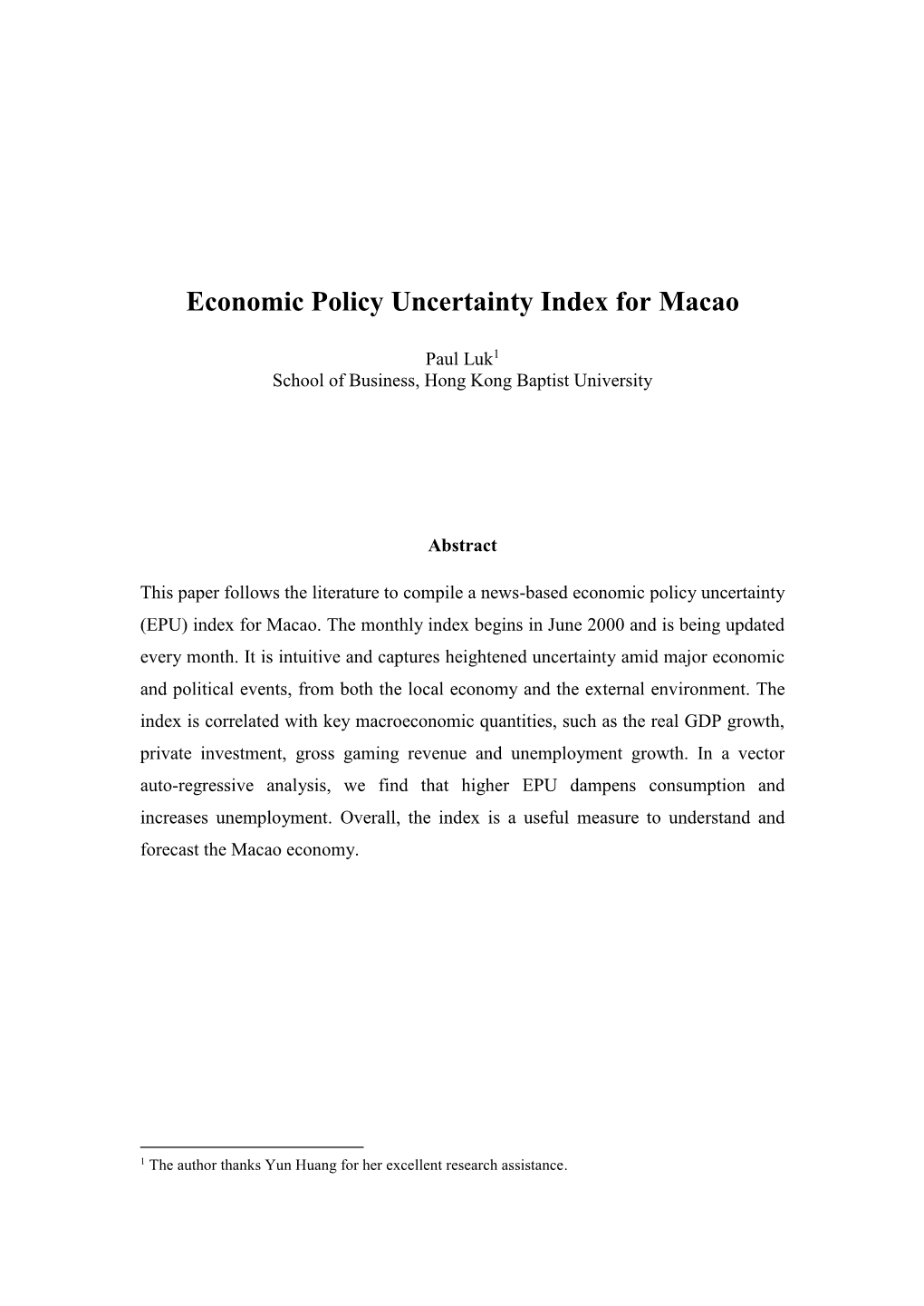 Economic Policy Uncertainty Index for Macao