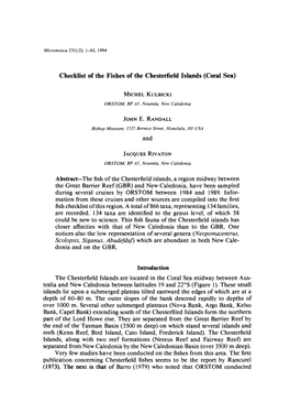 Checklist of the Fishes of the Chesterfield Islands (Coral Sea)