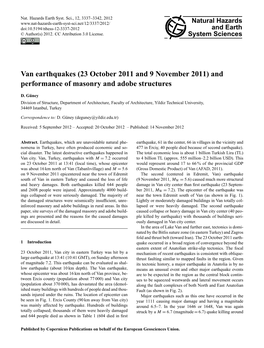 Van Earthquakes (23 October 2011 and 9 November 2011) and Performance of Masonry and Adobe Structures