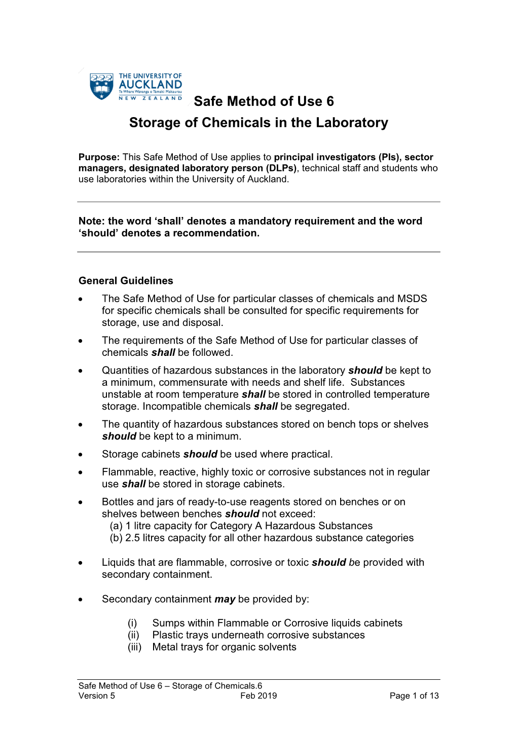 Safe Method of Use 6 Storage of Chemicals in the Laboratory