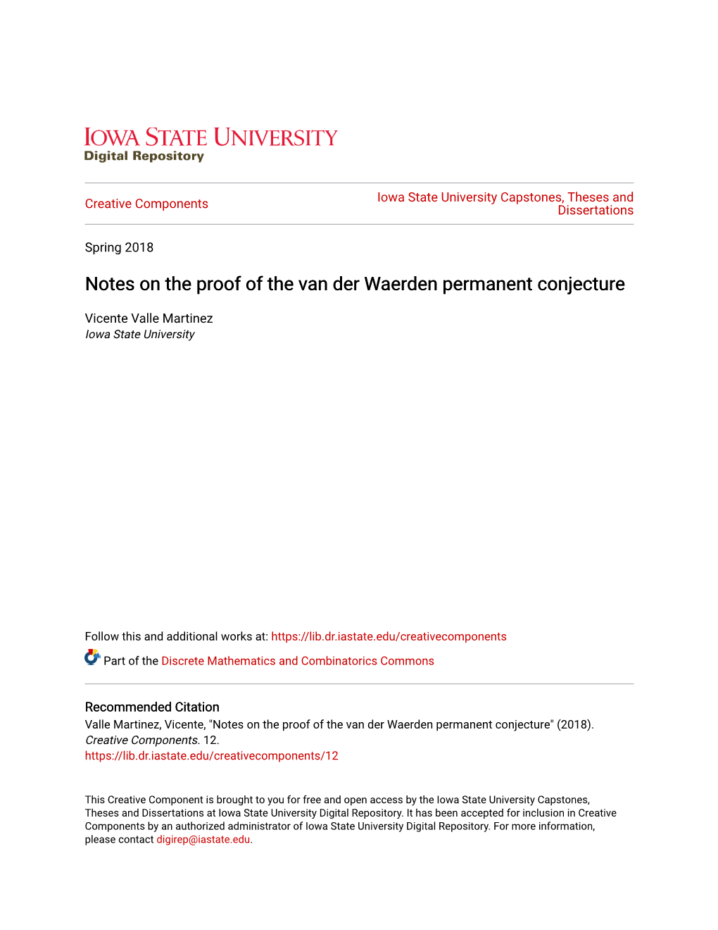 Notes on the Proof of the Van Der Waerden Permanent Conjecture