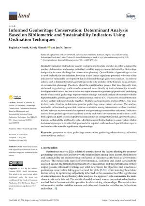 Informed Geoheritage Conservation: Determinant Analysis Based on Bibliometric and Sustainability Indicators Using Ordination Techniques