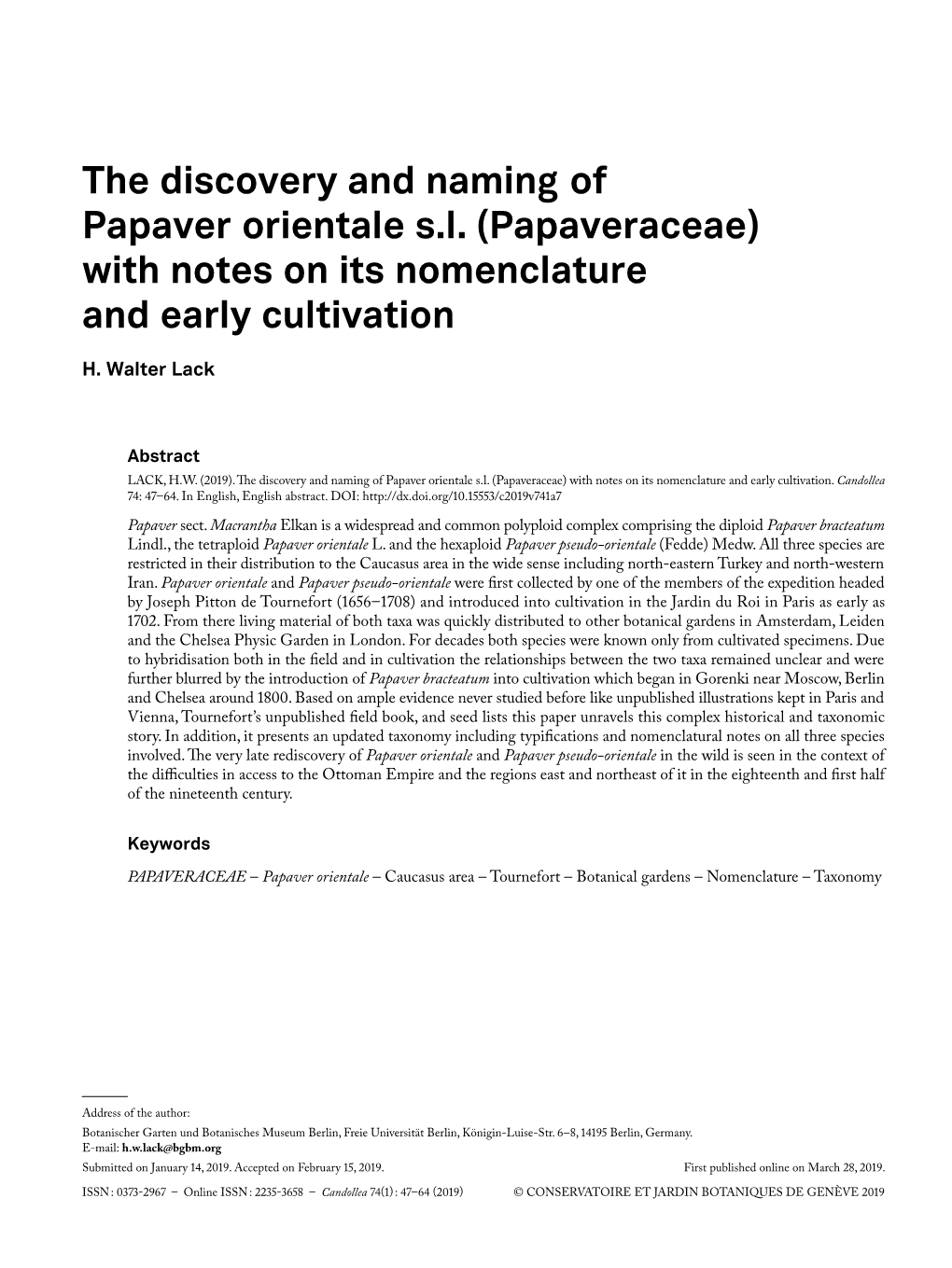 The Discovery and Naming of Papaver Orientale Sl (Papaveraceae)