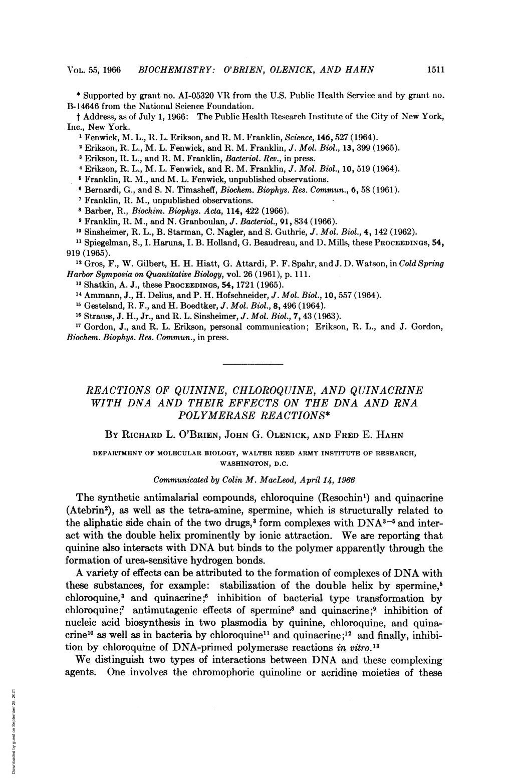 REACTIONS of QUININE, CHLOROQUINE, and QUINACRINE the Synthetic Antimalarial Compounds, Chloroquine