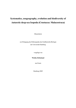 Systematics, Zoogeography, Evolution and Biodiversity of Antarctic Deep-Sea Isopoda (Crustacea: Malacostraca)