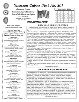 Severson-Cairns Post No. 501 American Legion September 2018 American Legion Auxiliary 1 2 3 4 5 6 7 8 Sons of the American Legion 9 10 11 12 13 14 15 P.O