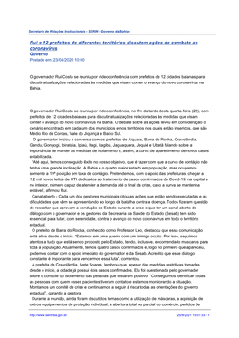 Rui E 12 Prefeitos De Diferentes Territórios Discutem Ações De Combate Ao Coronavírus Governo Postado Em: 23/04/2020 10:00
