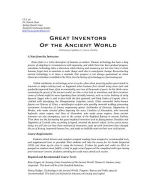 Great Inventors of the Ancient World Preliminary Syllabus & Course Outline