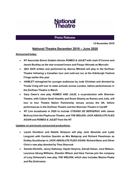 National Theatre December 2019 – June 2020