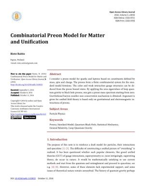 Combinatorial Preon Model for Matter and Unification