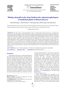 Pharmacophylogeny of Medicinal Plants of Ranunculaceae