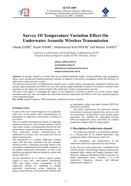 Survey of Temperature Variation Effect on Underwater Acoustic Wireless Transmission Ghada ZAÏBI*, Nejah NASRI*, Abdennaceur KACHOURI* and Mounir SAMET *