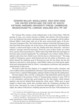 Edward Miller, Misalliance. Ngo Dinh Diem, the United States and the Fate of South Vietnam