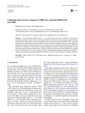 Collapsing Supra-Massive Magnetars: Frbs, the Repeating FRB121102 and Grbs