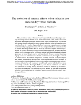 The Evolution of Parental Effects When Selection Acts on Fecundity Versus Viability