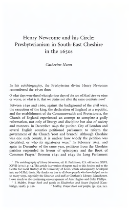 Henry Newcome and His Circle: Presbyterianism in South-East Cheshire in the 1650S