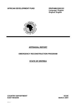 Appraisal Report Emergency Reconstruction Program State of Eritrea