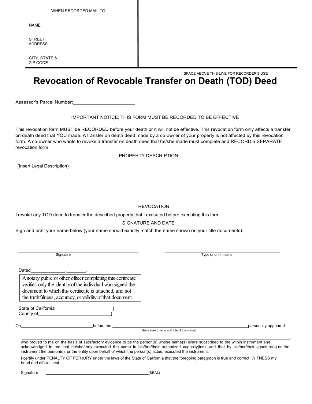 Revocation of Revocable Transfer on Death (TOD) Deed DocsLib