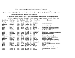 Lititz Area Obituary Index for the Years 1877 to 1998