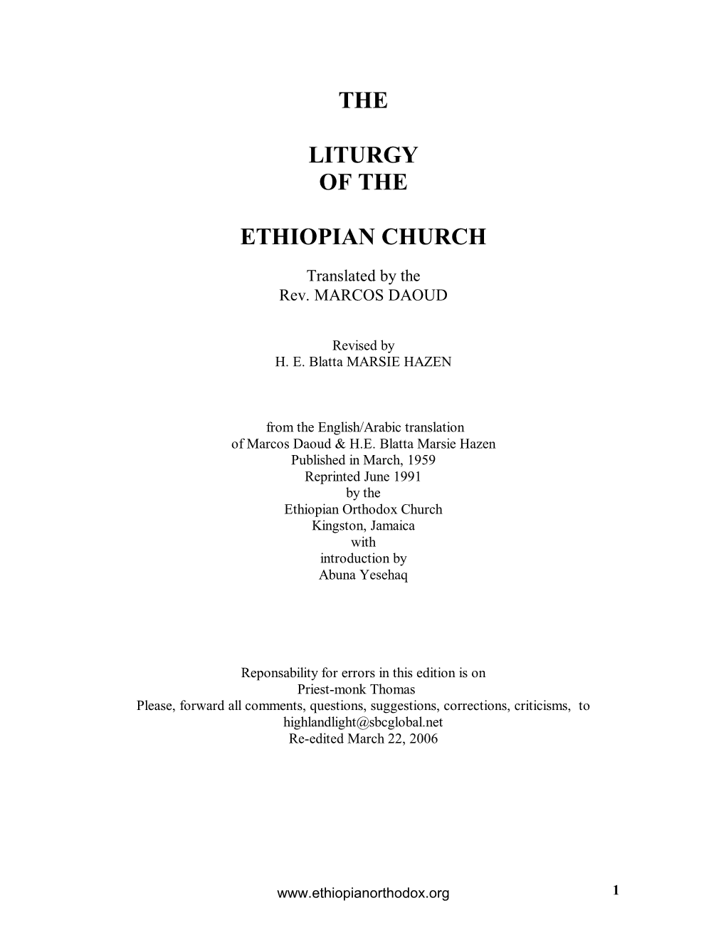 The Liturgy of the Ethiopian Church