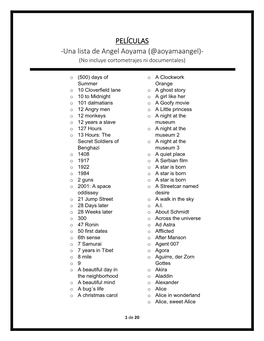 PELÍCULAS -Una Lista De Angel Aoyama (@Aoyamaangel)- (No Incluye Cortometrajes Ni Documentales)