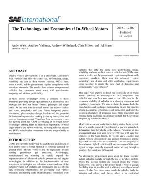 The Technology and Economics of In-Wheel Motors 2010-01-2307 Published 10/19/2010
