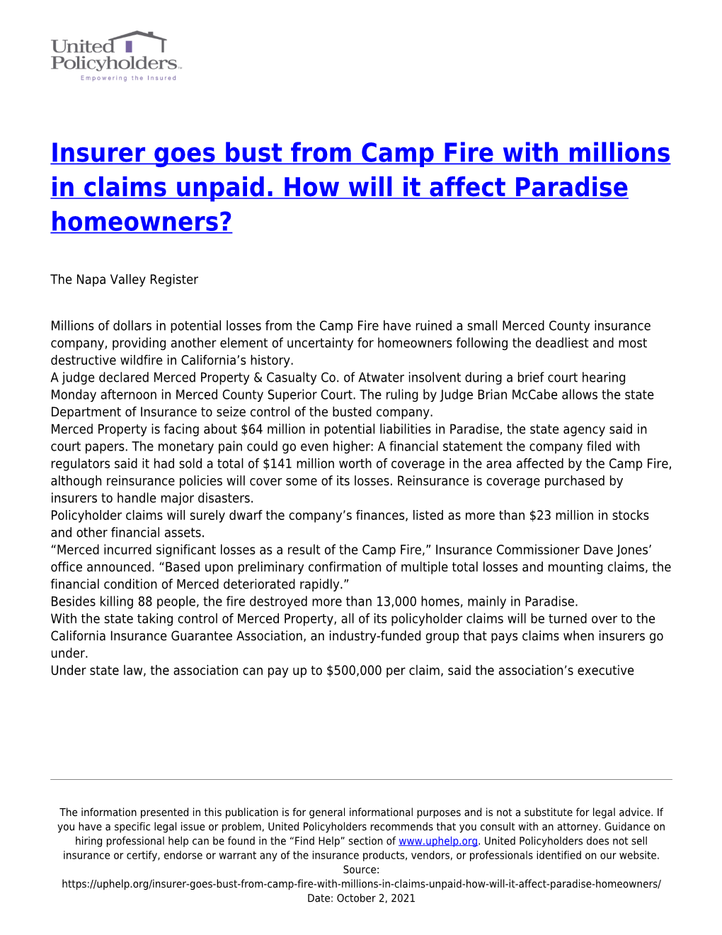 Insurer Goes Bust from Camp Fire with Millions in Claims Unpaid. How Will It Affect Paradise Homeowners?