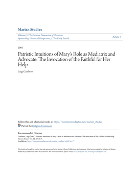 Patristic Intuitions of Mary's Role As Mediatrix and Advocate: the Ni Vocation of the Faithful for Her Help Luigi Gambero