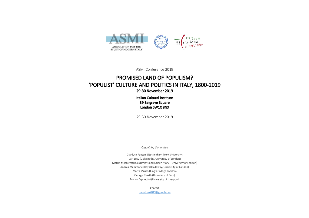 Promised Land of Populism? 'Populist' Culture and Politics in Italy, 1800-2019