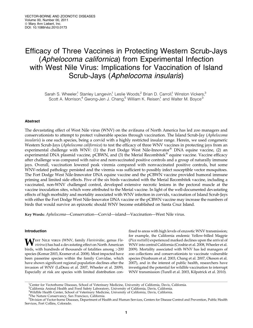Efficacy of Three Vaccines in Protecting Western Scrub-Jays (Aphelocoma Californica) from Experimental Infection with West Nile