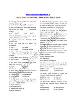 Questions on Current Affairs of April 2014