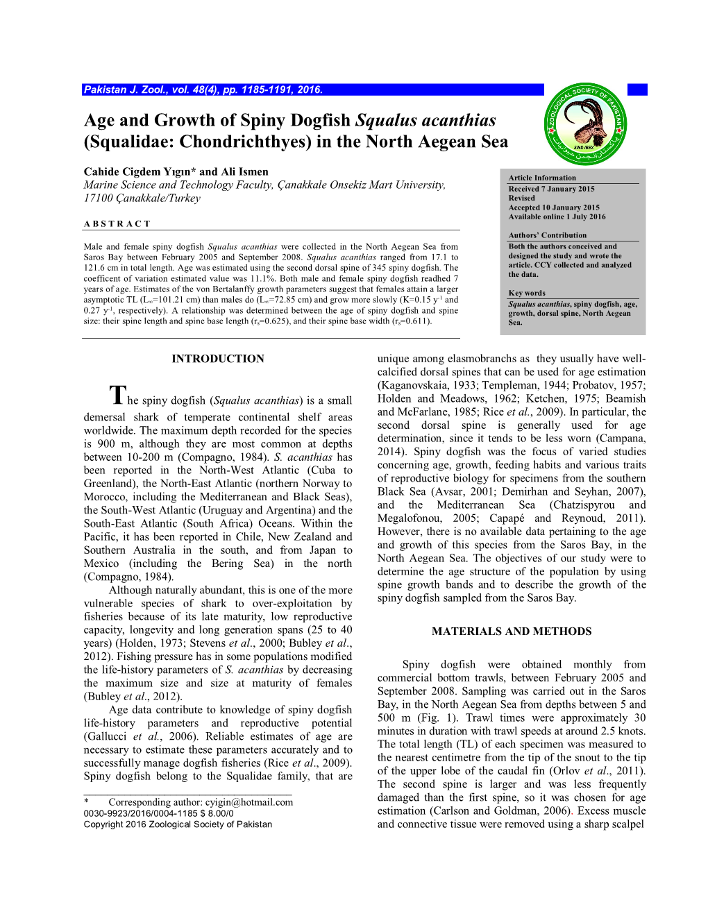 Age and Growth of Spiny Dogfish Squalus Acanthias (Squalidae: Chondrichthyes) in the North Aegean Sea