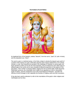 Ten Avatars of Lord Vishnu an Anglicized Form of the Sanskrit