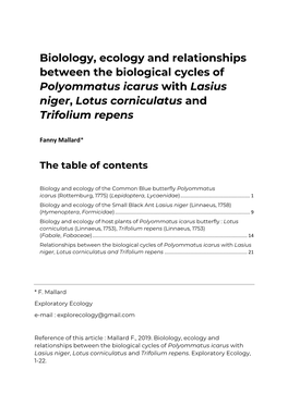 Biolology, Ecology and Relationships Between the Biological Cycles of Polyommatus Icarus with Lasius Niger, Lotus Corniculatus and Trifolium Repens
