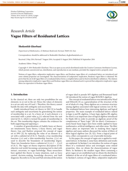 Research Article Vague Filters of Residuated Lattices