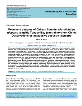 Movement Patterns of Chilean Flounder (Paralichthys Adspersus) Inside Tongoy Bay (Central Northern Chile): Observations Using Passive Acoustic Telemetry